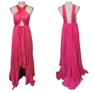 Nasty Gal Pink Pleated Chiffon Halter w/ Back Exposure High Low Gown,X-Small